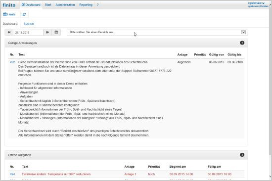 Schichtbuch Finito - Webversion: Dashboard  Übersicht der Aufgaben und Anweisungen